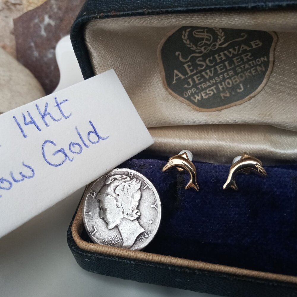 Solid 14kt Gold Dolphin Earrings - image 1